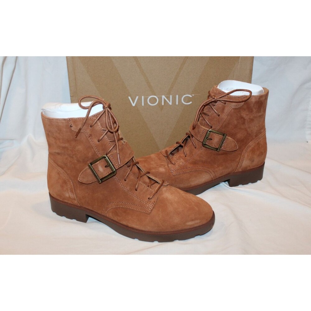 Vionic Women's Suede Catina Buckle Side Zip Ankle Bootie Boots Tan Sz 9.5 $170